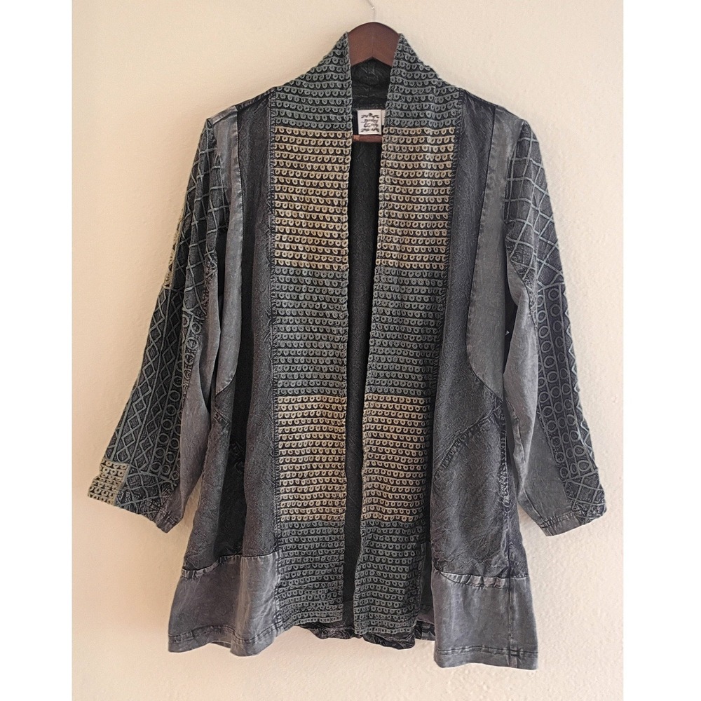 Parsley & Sage Womens XL Grey Embroidered Mixed Media Open Front Cardigan Jacket